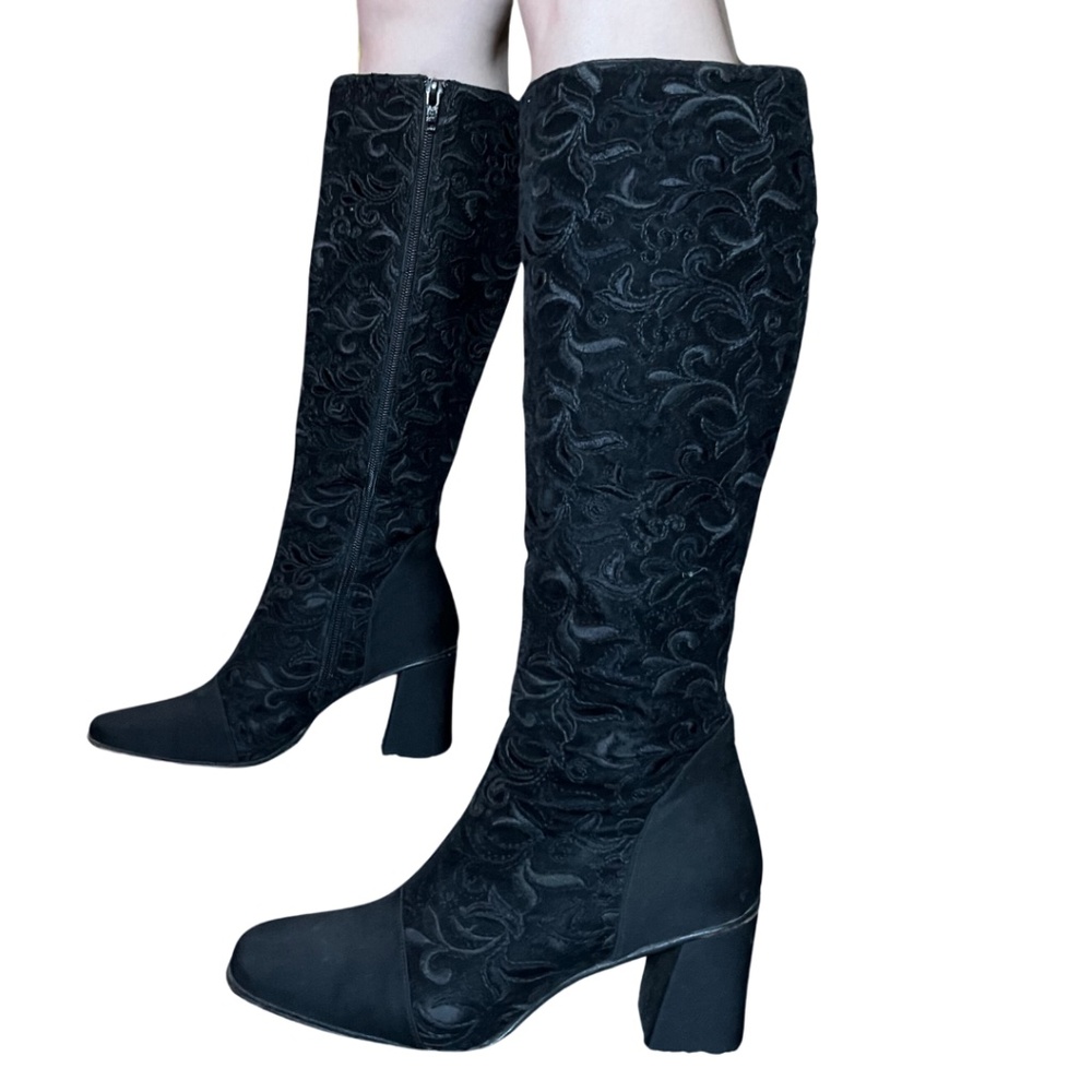 Vintage Kenneth Cole Leather Suede Embossed Flair Heel Boots - Unique Designer
